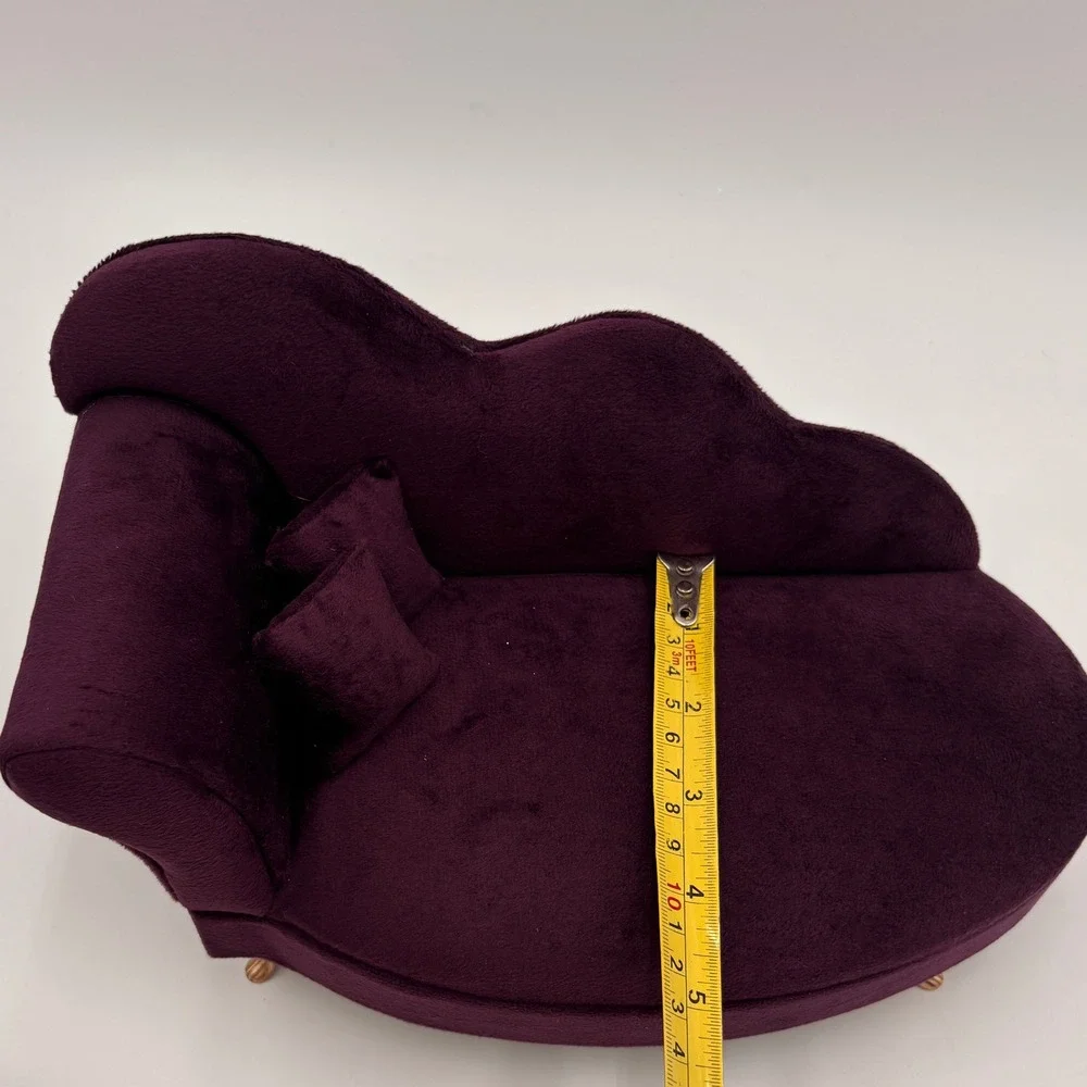 Burgundy Velvet Chaise Lounge Jewelry Box Miniature Sofa with Mirror & Ring